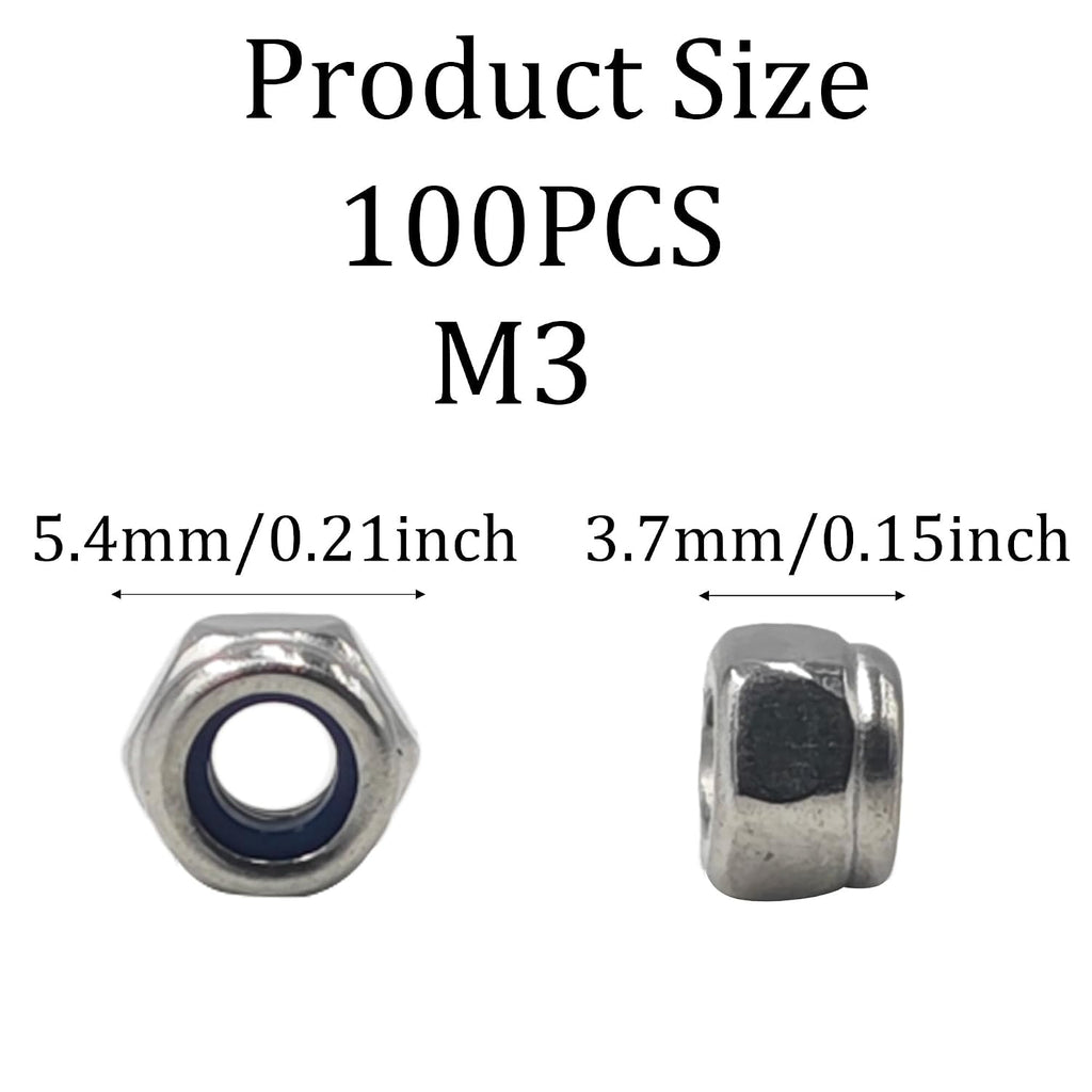 100Pcs M3-0.5 Nylon Hex Nuts, Nylon Insert Self-Locking Nuts 304 Stainless Steel, Metric Coarse Thread Lock Nuts DIN985 Standard