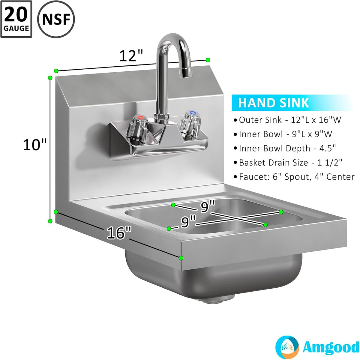 Stainless Steel Wall Mount Hand Sink | NSF | Commercial Hand Washing Basin For Restaurant, Kitchen and Home (12" x 16")
