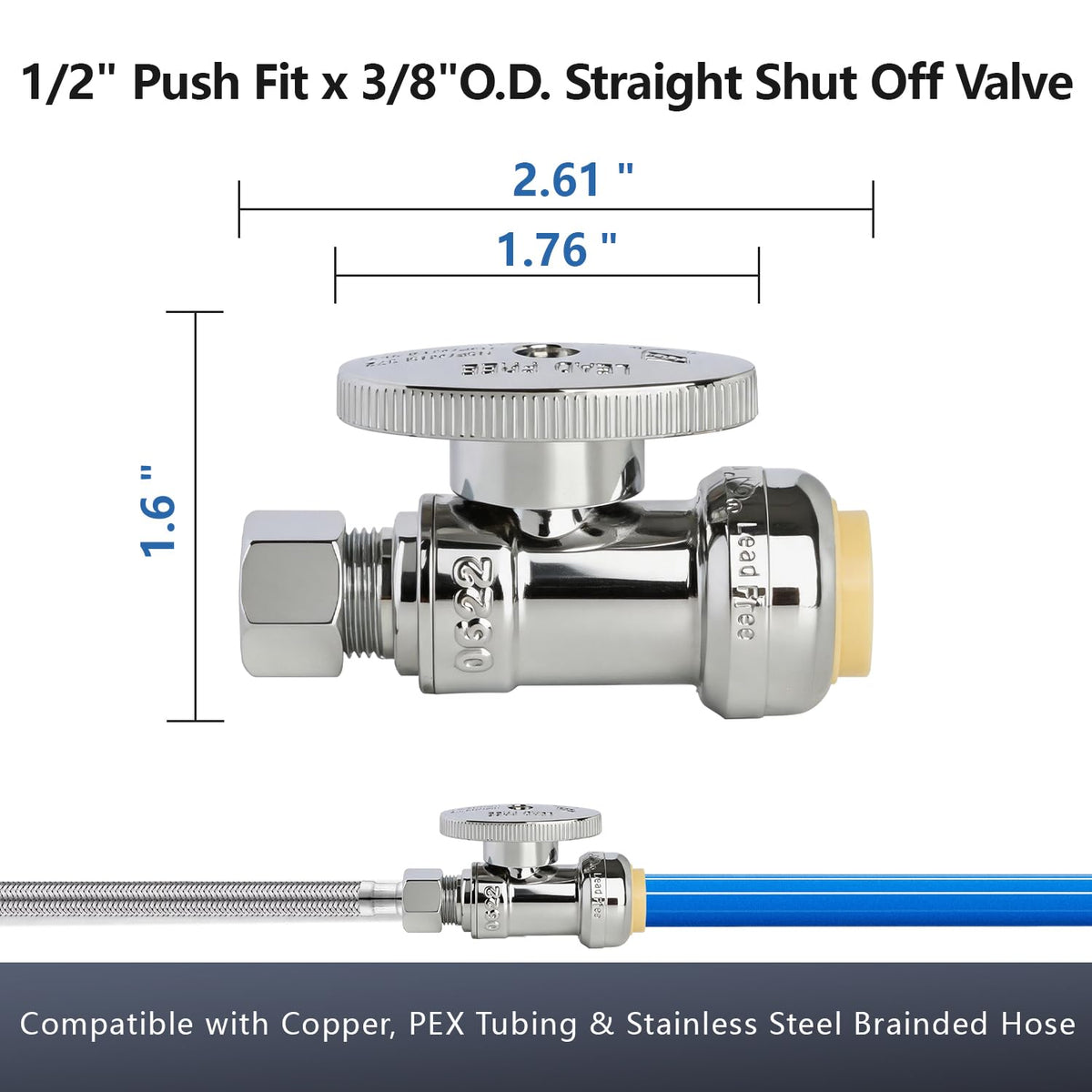 WiseWater Push Connect Straight Stop Valve 1/2" x 3/8"