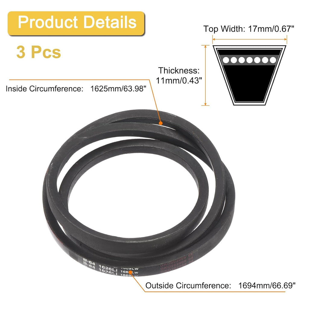 uxcell 3 Pack B64 Classic Wrapped V-Belt, 67" Outside Circumference, Black Industrial Rubber V-Belt