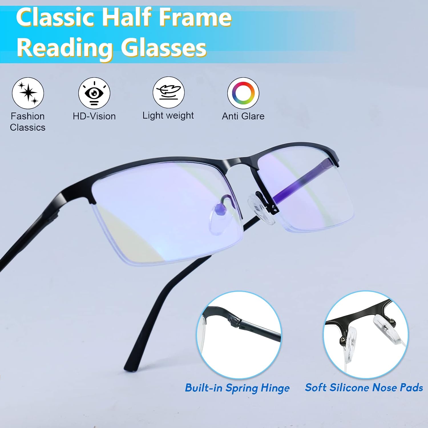 Blue Light Blocking Glasses, Lightweight Metal Half Frame Computer Reading/Gaming/TV/Phones Glasses,Filter UV