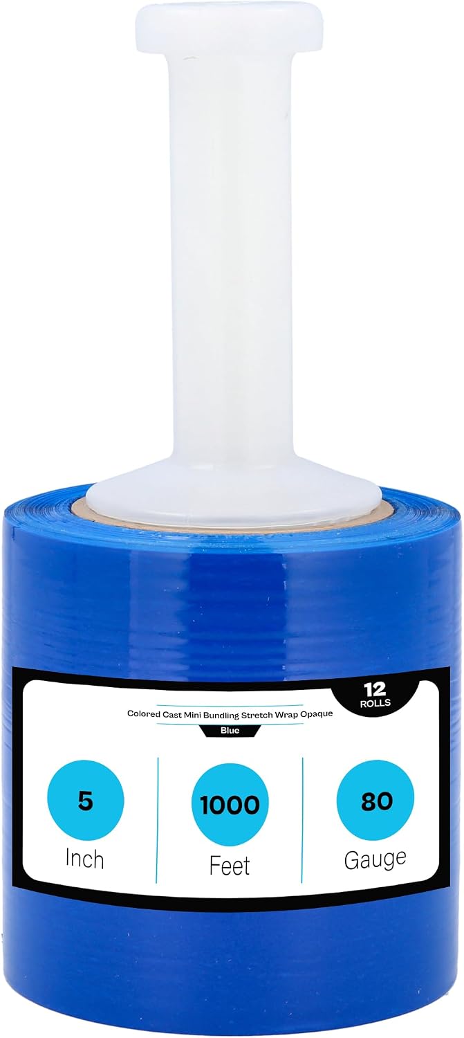 Blue Stretch Wrap, 12 Pack, 5 Inch, 1000 Feet/Roll