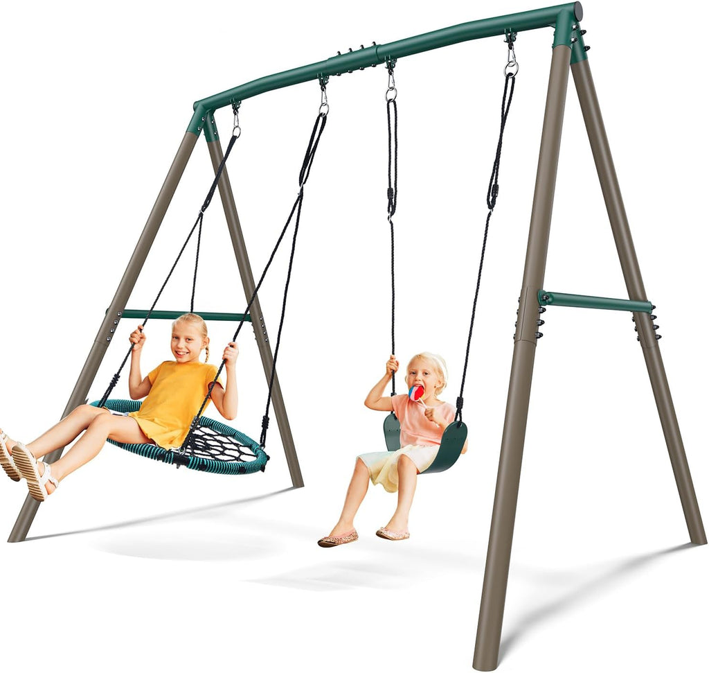 7.5ft Tall Swing Sets for Backyard, 500lbs Heavy Duty Metal Swing Set for Kids and Adults with Spider Swing and Belt
