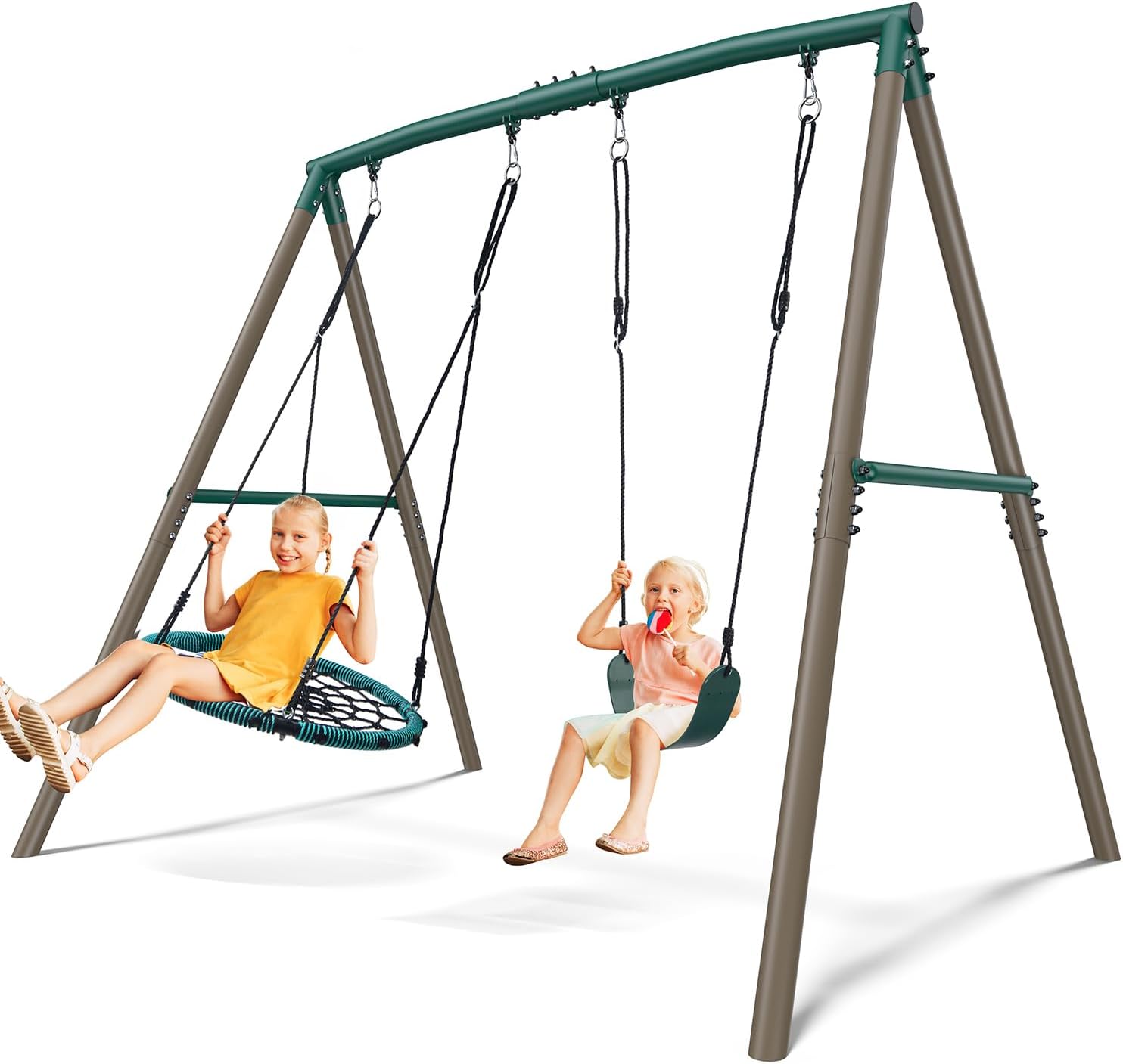 7.5ft Tall Swing Sets for Backyard, 500lbs Heavy Duty Metal Swing Set for Kids and Adults with Spider Swing and Belt