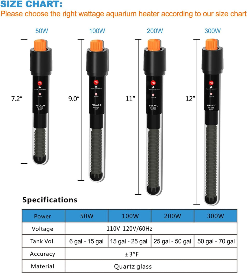 50Watt Aquarium Heater for 6-15 Gallon Fish Tank, Adjustable Submersible Heater Thermostat with Thermometer Strip and
