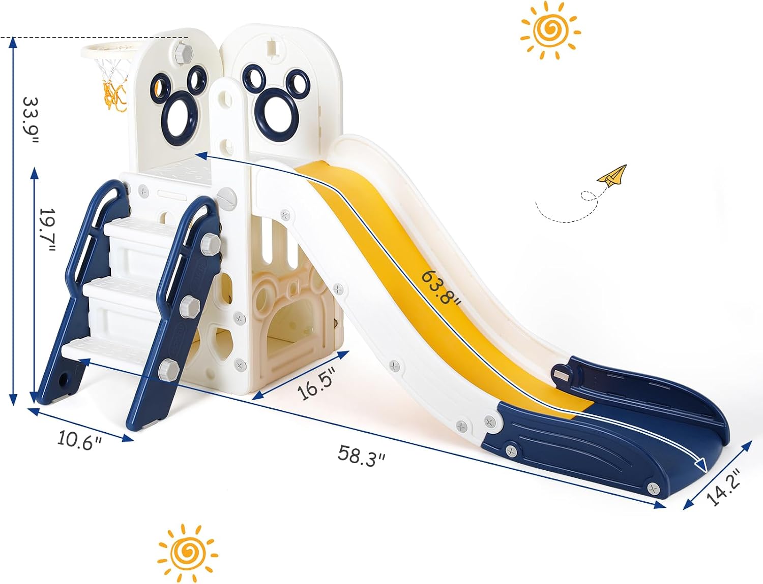 6 in 1 Toddler Slide, Extra-Long Slide for Kids Climber Playset, Indoor Outdoor Playground with Basketball Hoop &