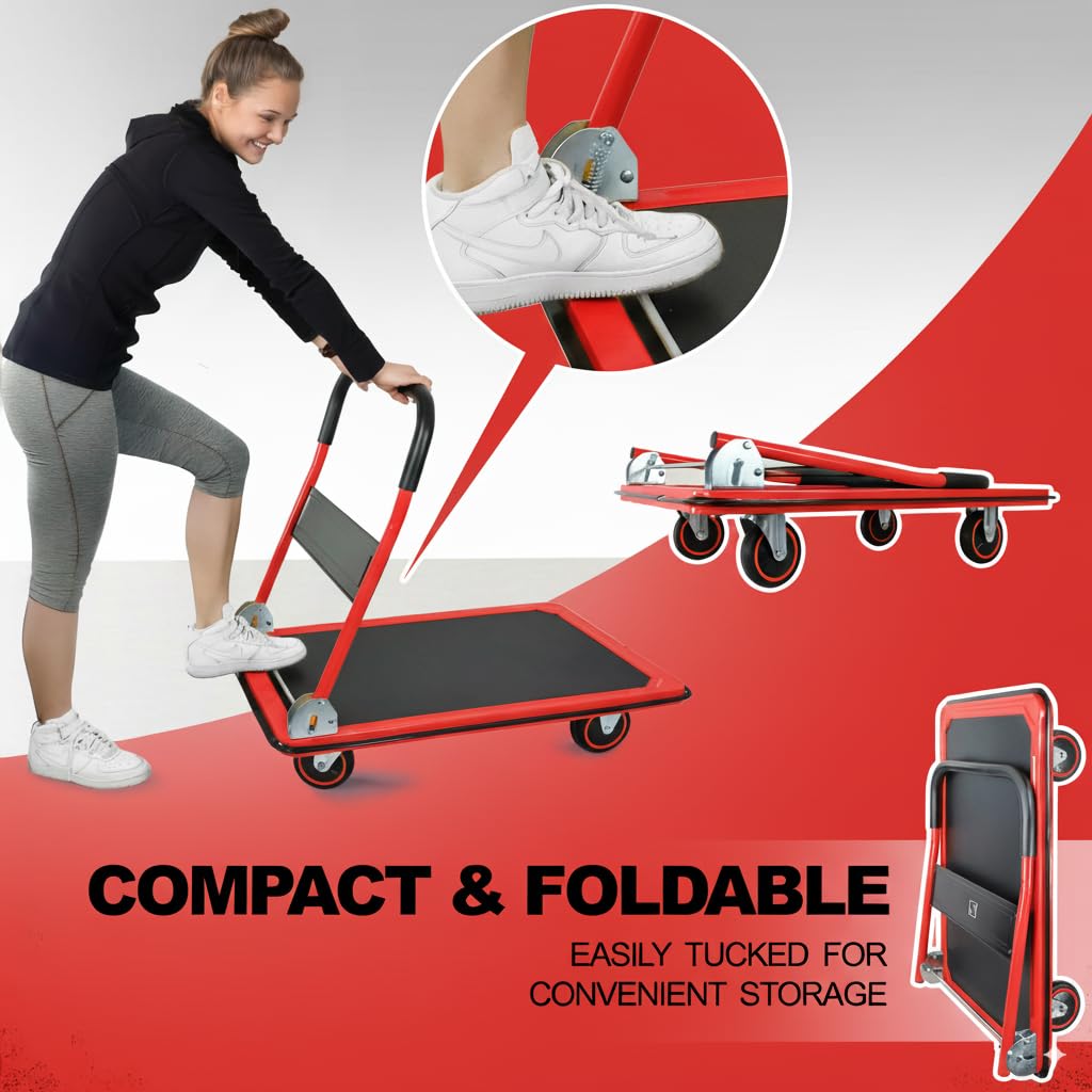 Push Cart Dolly, Foldable Moving Platform Flat Cart, 660 lb, Red