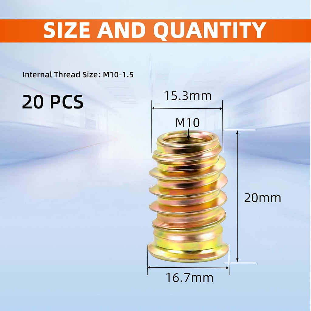 M10 x 20mm Threaded Inserts for Wood, Nut Inserts, Hex Drive, 20 PCS