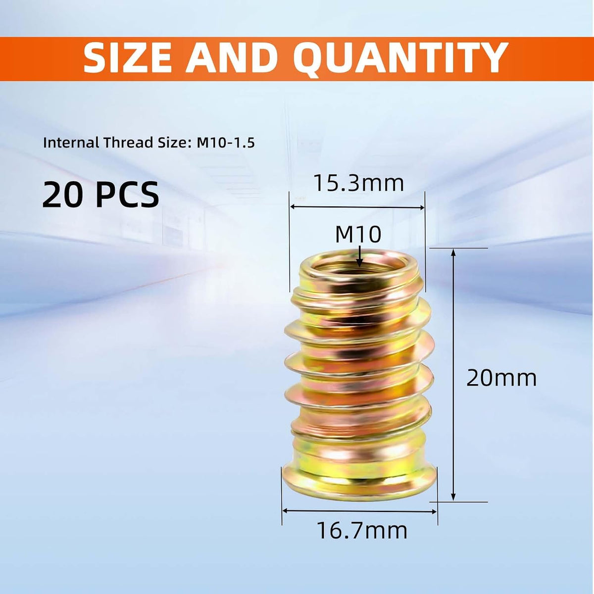 M10 x 20mm Threaded Inserts for Wood, Nut Inserts, Hex Drive, 20 PCS