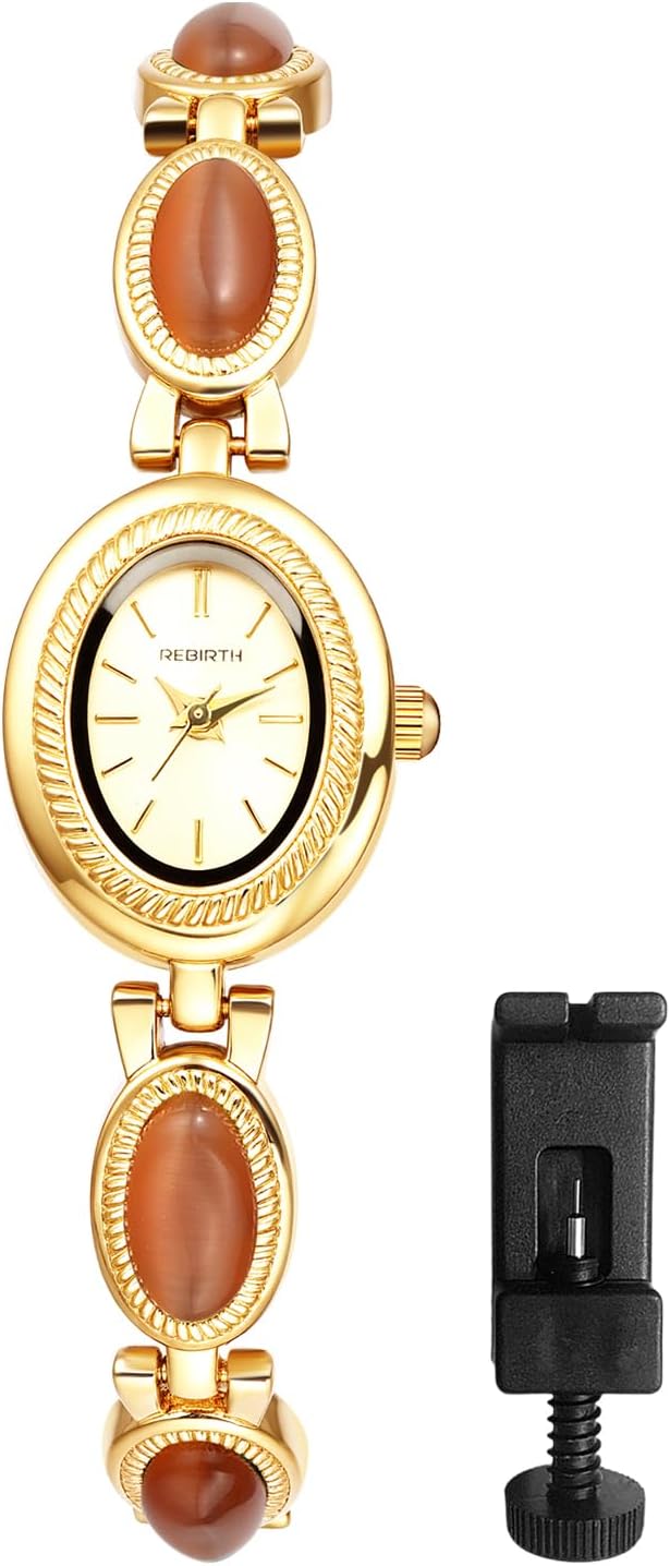 Women's Oval Bracelet Watch: Detachable Strap with Quartz Cat's Eye Stone Vintage Gold Watches Small Dainty 3ATM