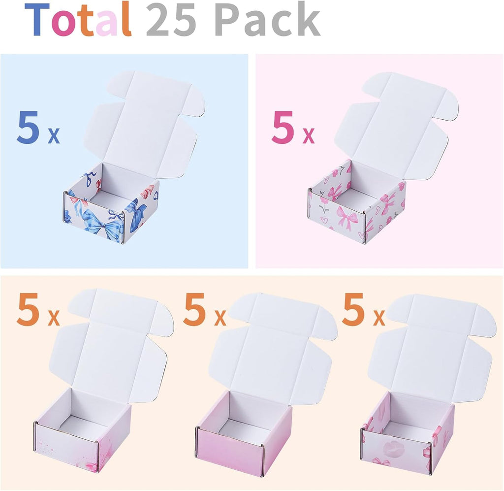 Bow Pink Shipping Boxes Pack of 25, 4x4x2 inches Gift Boxes Small Cardboard Corrugated Mailer Shipping Boxes for
