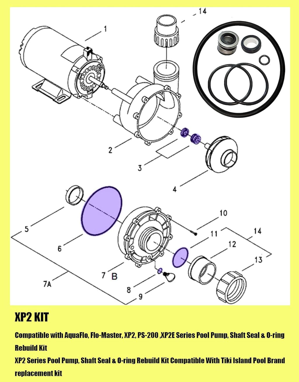 Generic PS-200 5/8"" Shaft Seal & O-Ring Rebuild Kit,Compatible with AquaFlo, Flo-Master XP2 XP2E Series Pool Pump