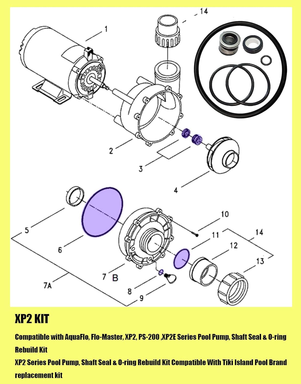 Generic PS-200 5/8"" Shaft Seal & O-Ring Rebuild Kit,Compatible with AquaFlo, Flo-Master XP2 XP2E Series Pool Pump