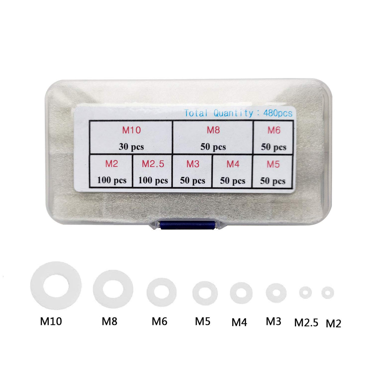 Clear Pack of 480 White Nylon Flat Washer Assortment Shim Kit for M2 M2.5 M3 M4 M5 M6 M8 M10 Screw Bolt, Round