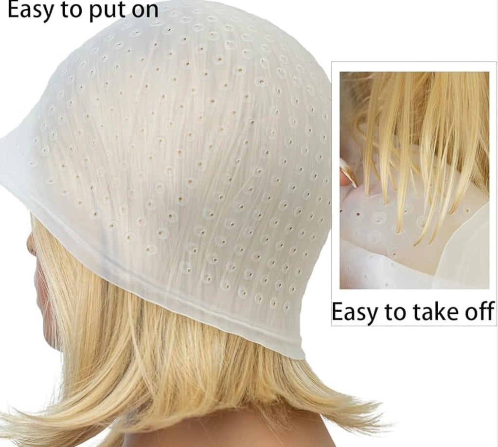 Silicone Hair Highlight Cap, Reusable Pre-Punched Dyeing Cap with Hook and Dye Brush