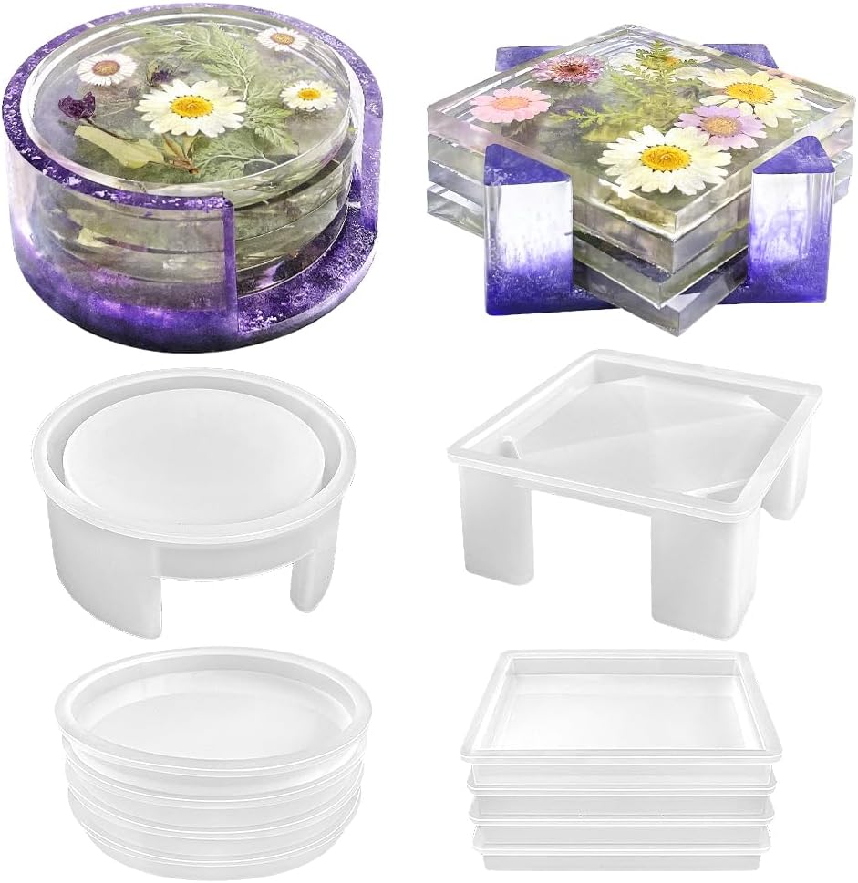 Resin Coaster Molds Set, Upgrade 10 pcs Silicone Coaster Molds Kit Storage Box Mold for Resin Casting, Square Round