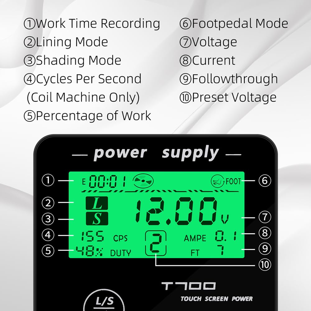 T700 Tattoo Power Supply 3-18v Professional Tattoo Power Supply Box for Coil & Rotary Tattoo Machine, 6 Preset