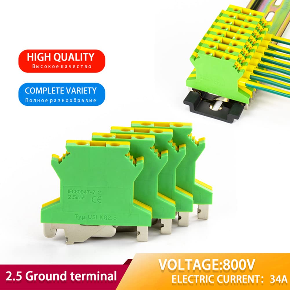 10Pcs DIN Rail Mounted Ground Circuit Connection Terminal Block Screw Clamp Connector (USLKG2.5N)