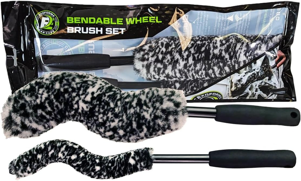 Bendable Brush Set - Unique Adjustable 2-Piece Wheel Brush Set Cleans Behind Wheels - Tough Yet Gentle Wool Fiber +