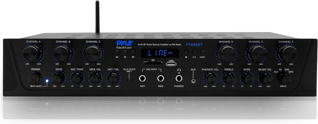 Bluetooth Home Audio Amplifier - 6 Channel Stereo Receiver Amp, 600 Watt Power, Commercial or Karaoke with Mic