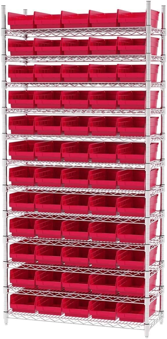 Heavy Duty Plastic Shelf Bins, 12"x 6.5"x 4", Red, 12-Pk