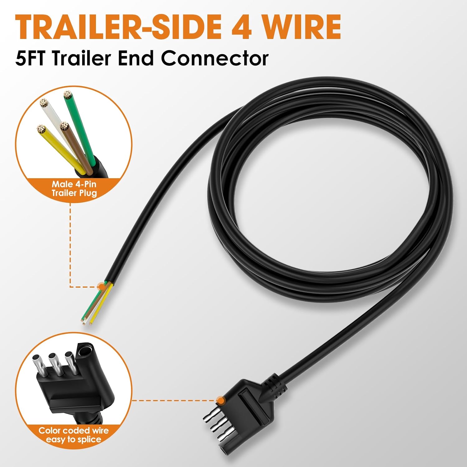 4 Way Trailer Wiring Harness 5FT Jacketed Cable, 16AWG 4 Pin Flat Trailer Extension Connector Trailer Wire 4 pin