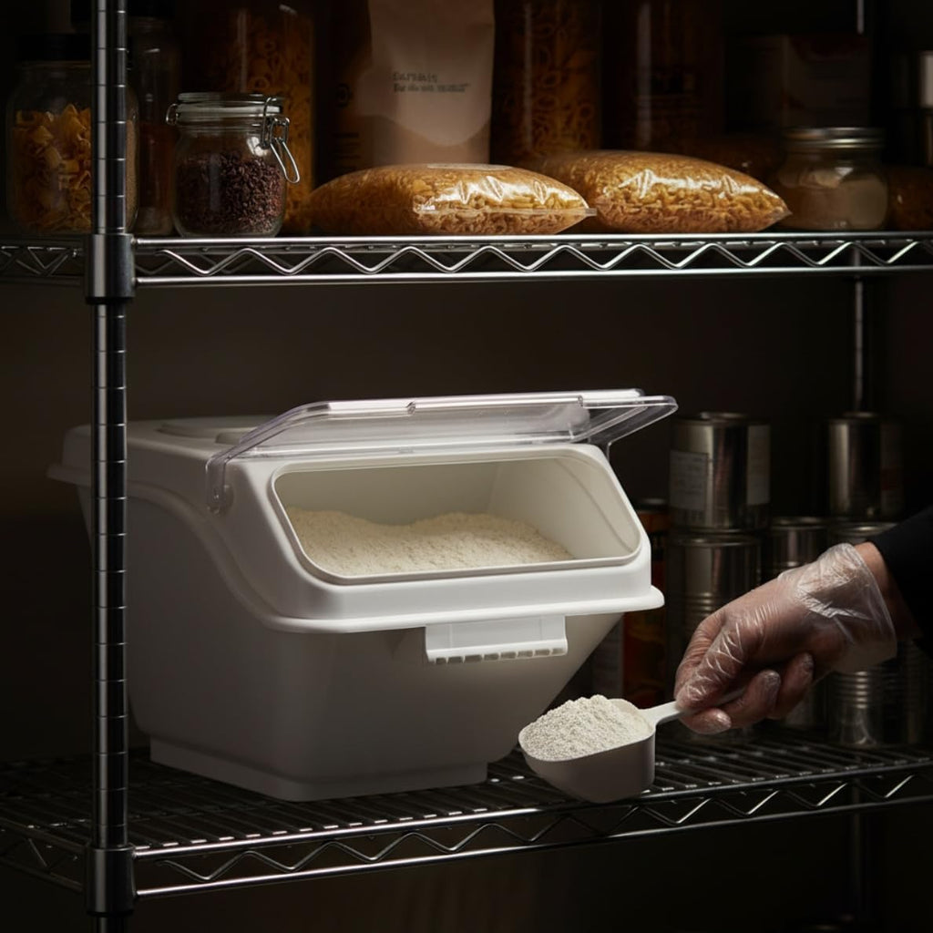 2 Gallon Shelf Ingredient Bin (40 Cups) White Storage Container with Clear Flip Top Lid &Measuring Scoop-Stackable