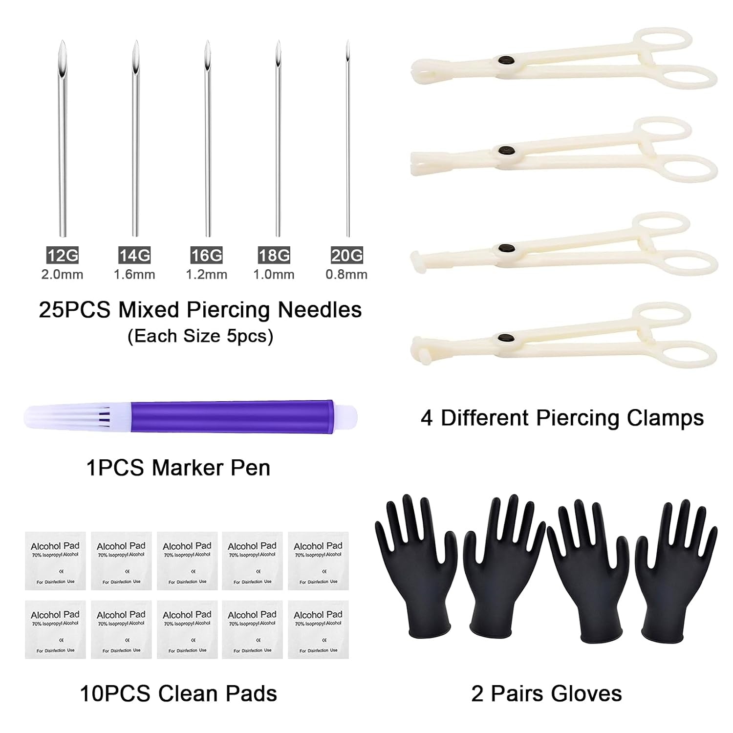 Piercing Kit - 42 Piercing Needles Kit with 25 Needles 12G 14G 16G 18G 20G for Ear Nose Septum Belly Button Tongue