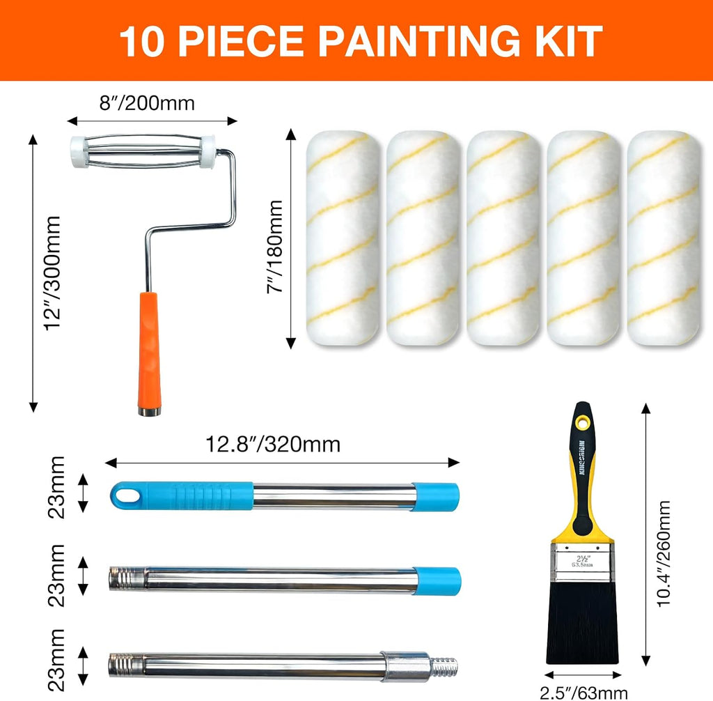 King Origin 10-Piece Paint Roller Kit with Extension Pole (4 ft), 7" Paint Roller Covers, Roller Frame, Paint Brush