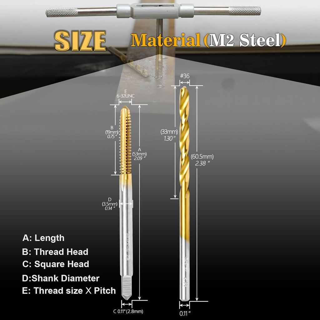 6-32 UNC Tap and #36 Drill Bit Set,M2 HSS Threading Drill and Tap Set