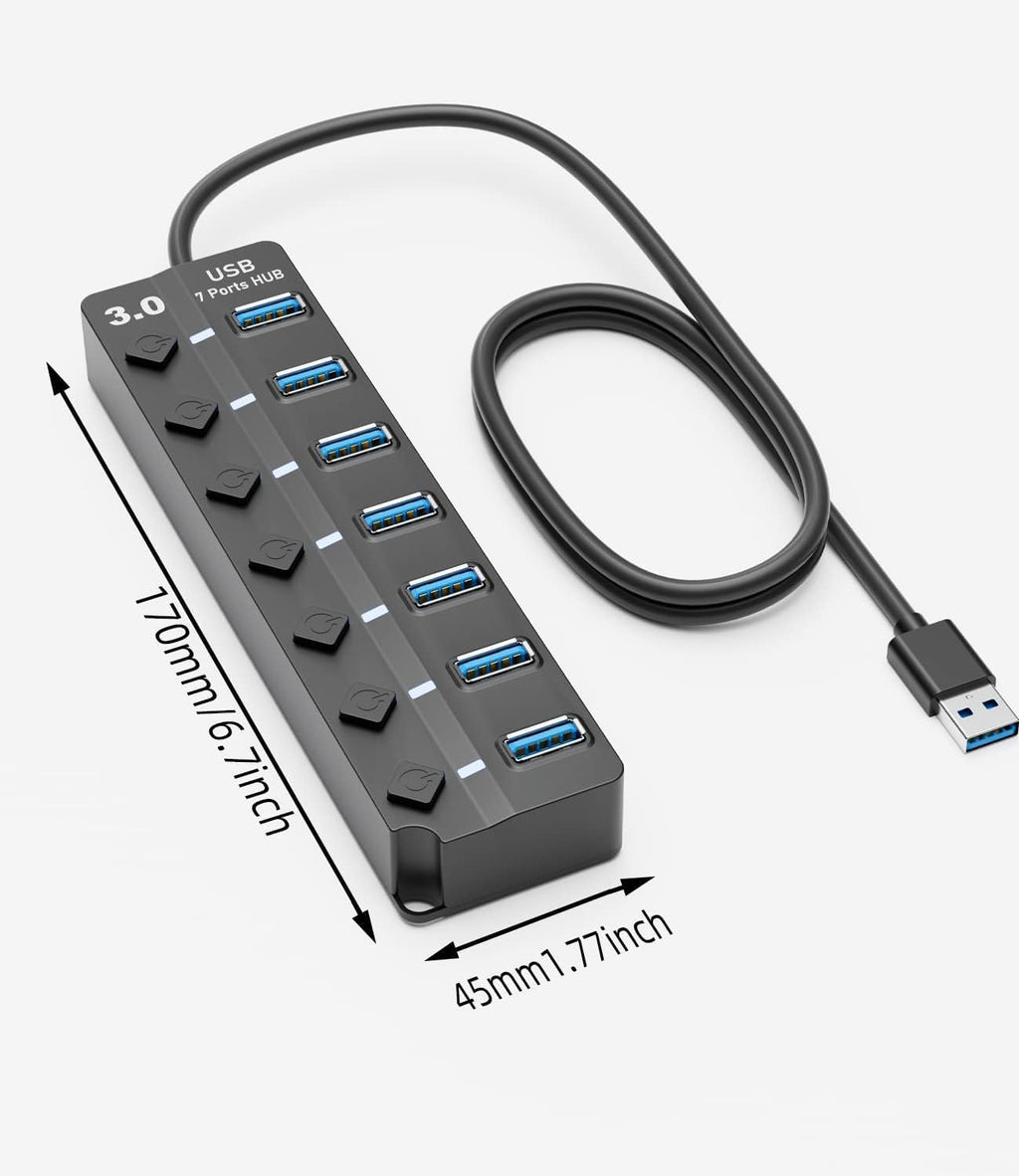 USB 3.0 Hub, 7-Port with Individual On/Off Switches & LED Indicators, 5Gbps High-Speed Data Hub for Laptop, PC