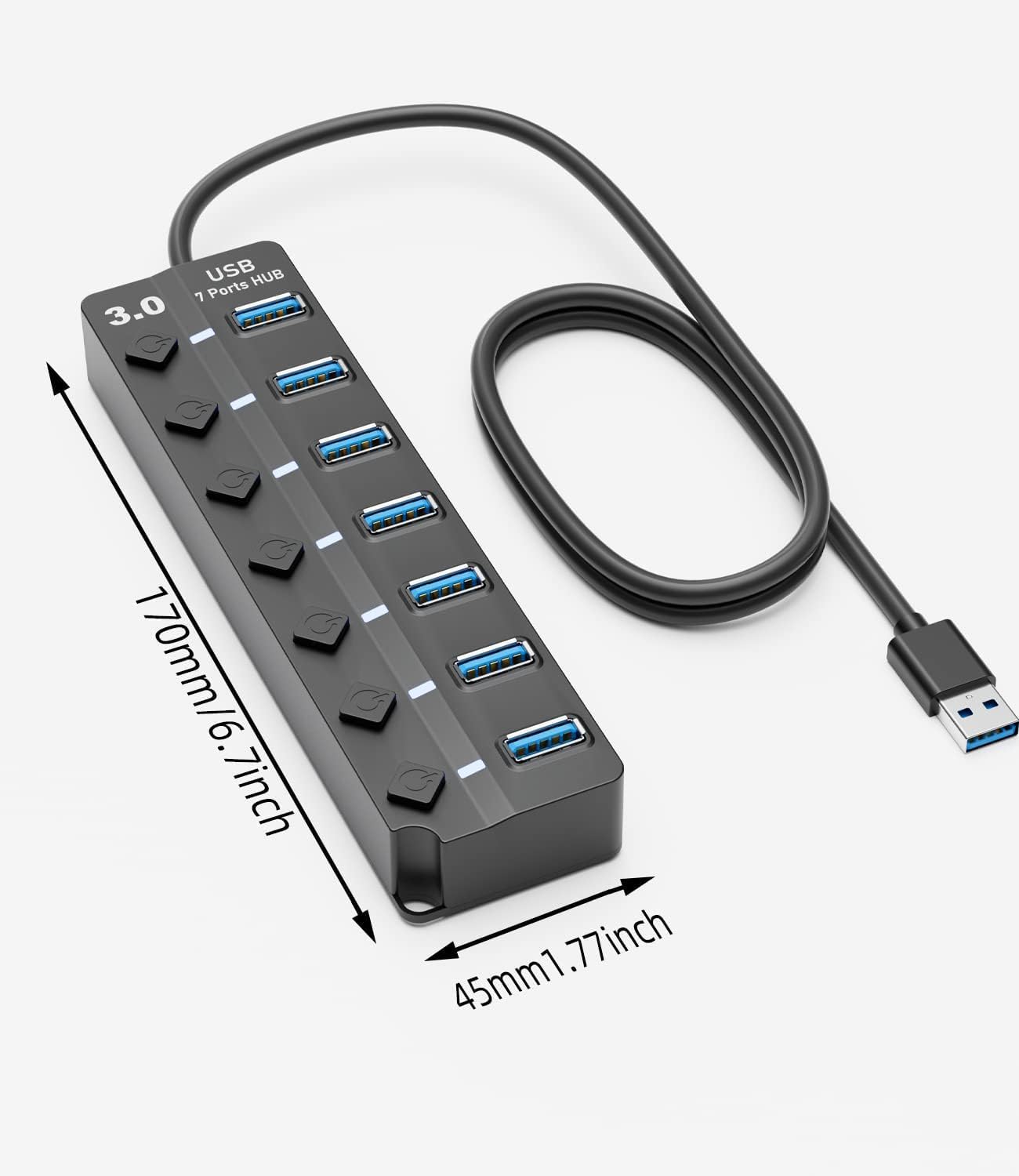 USB 3.0 Hub, 7-Port with Individual On/Off Switches & LED Indicators, 5Gbps High-Speed Data Hub for Laptop, PC