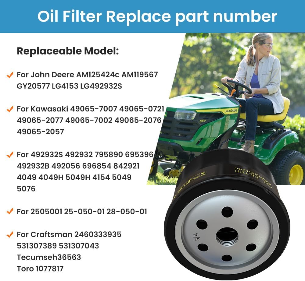 4 Pack AM125424 Oil Filter for John Deere AM125424c GY20577 X304 X310 X350 X580 D140 D130 D110 D105，Replace for Kawasaki 49065-7007 49065-0721