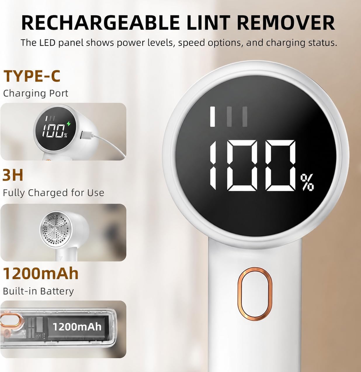 Fabric Shaver, Lint Remover Rechargeable, Electric Portable Sweater Defuzzer with 3 Speeds, 6 Leaf Blades, Digital