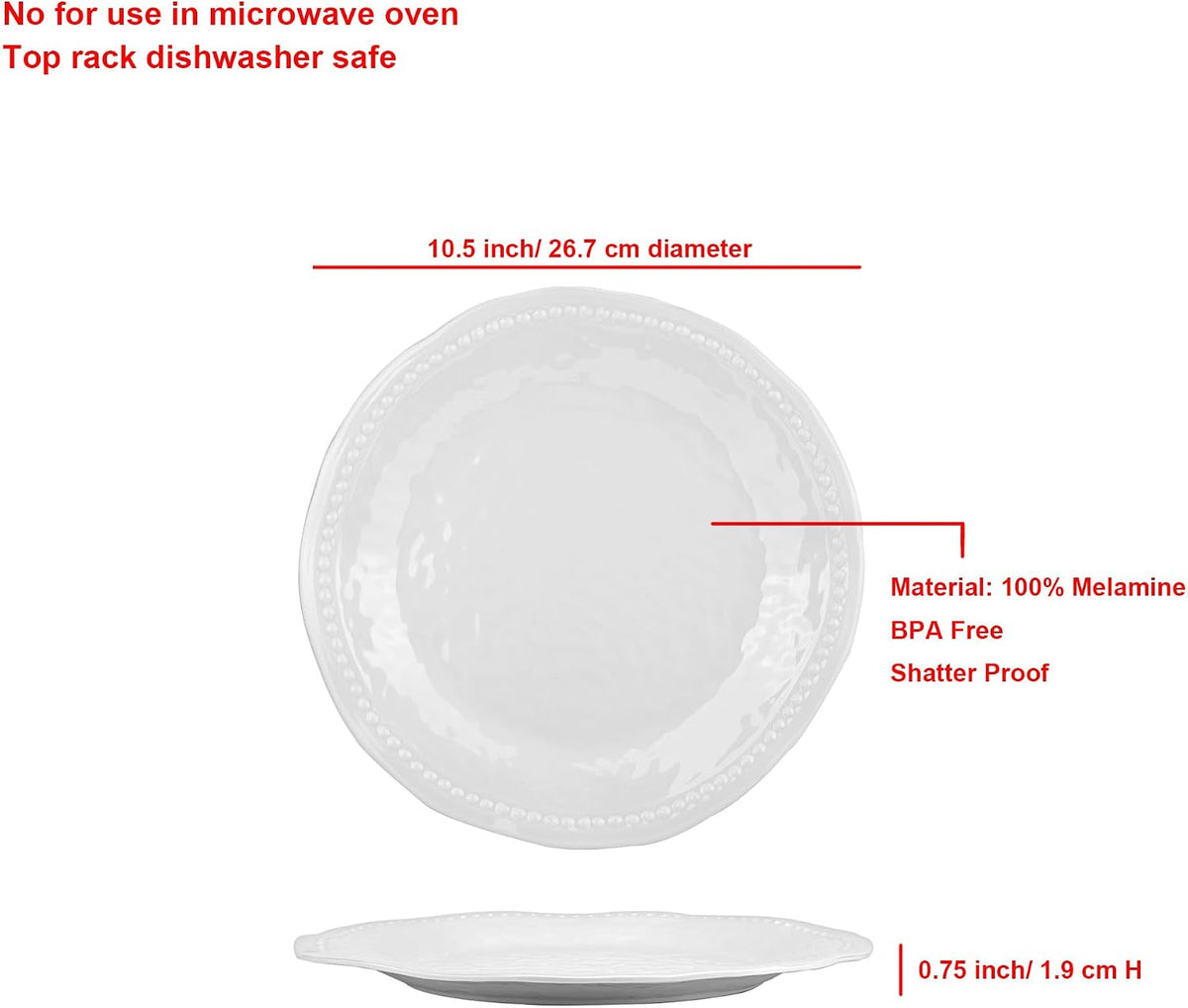 Melamine Dinner Plates, Round Plates,Shatter Resistant, 10.5 inch, set of 6, White