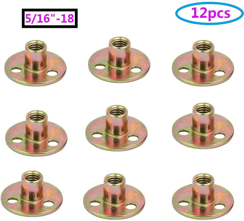 Socell 5/16"-18 T Nuts Brad Hole Carbon Steel Round Base Screw-in T-Nuts Furniture Hardware Flange Insert Female Thread T-Nut 5/16"-18（12pcs）