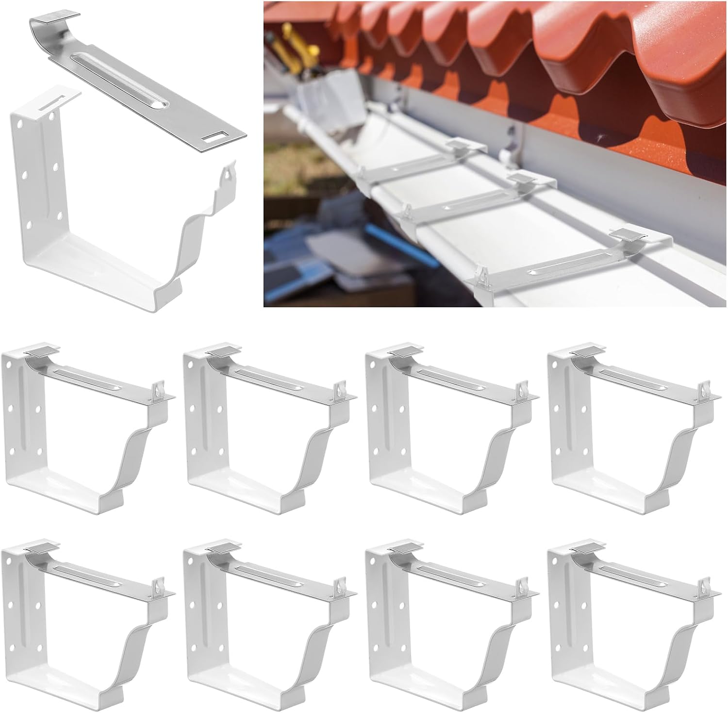 10 Pack Gutter Brackets 5 Inch Gutter Hangers Heavy Duty Hidden Rain Brackets with Pre Inserted Screw, Aluminum