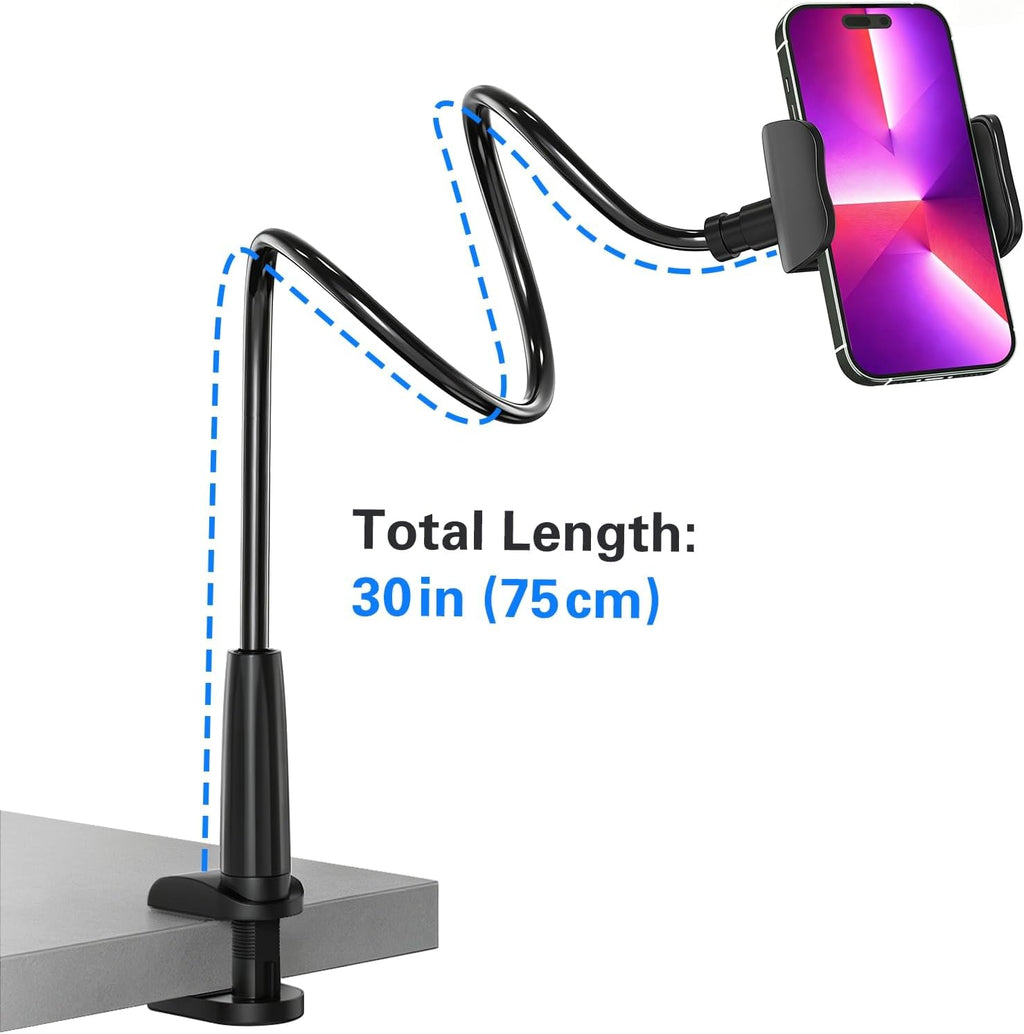 Gooseneck Phone Holder for Bed, Flexible Overhead Cell Phone Mount for Desk, Hands-Free Viewing Clamp Stand