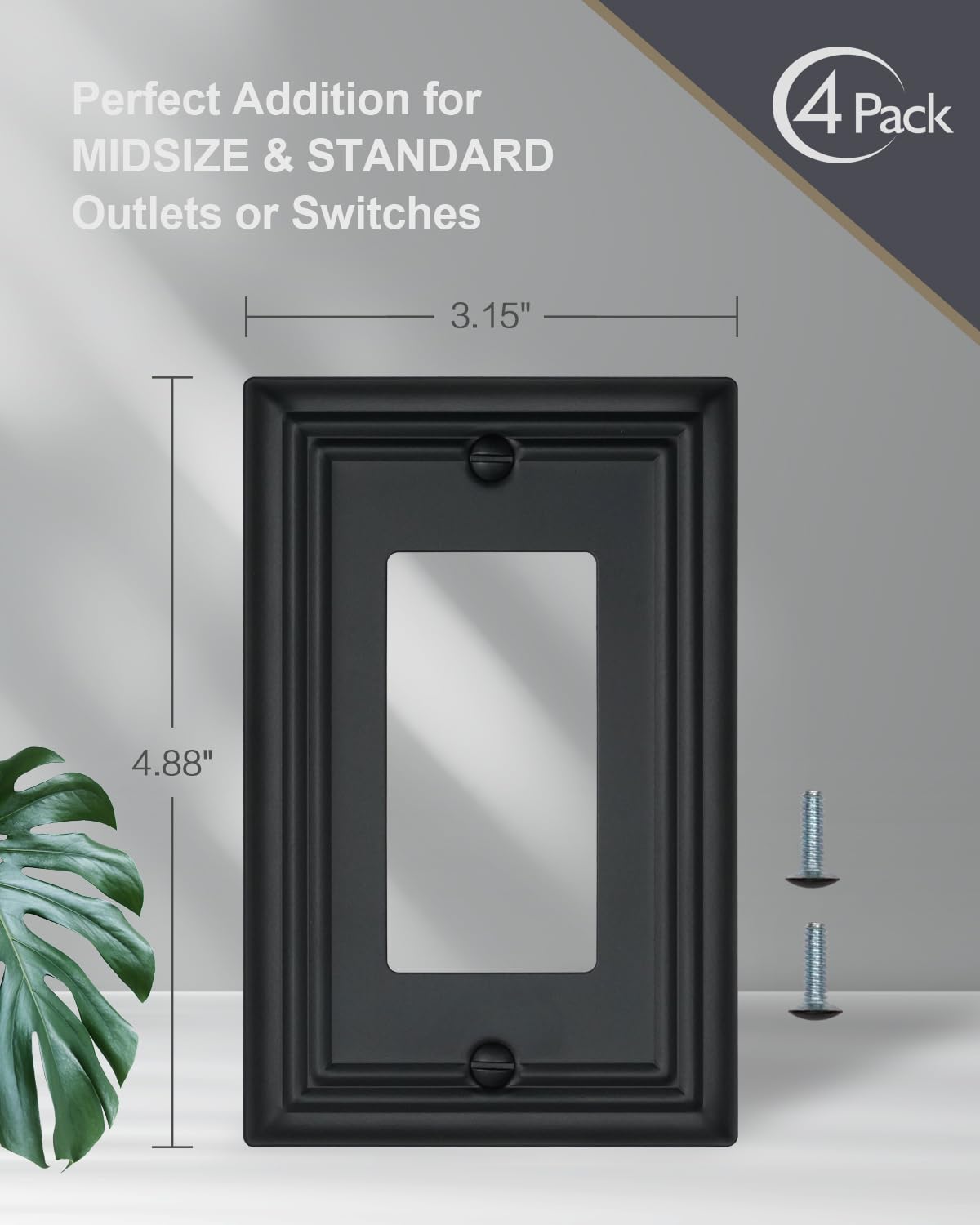 ZILLSEA Switch Plates Outlet Covers, 4-Pack Metal Wall Plates, Black Finish