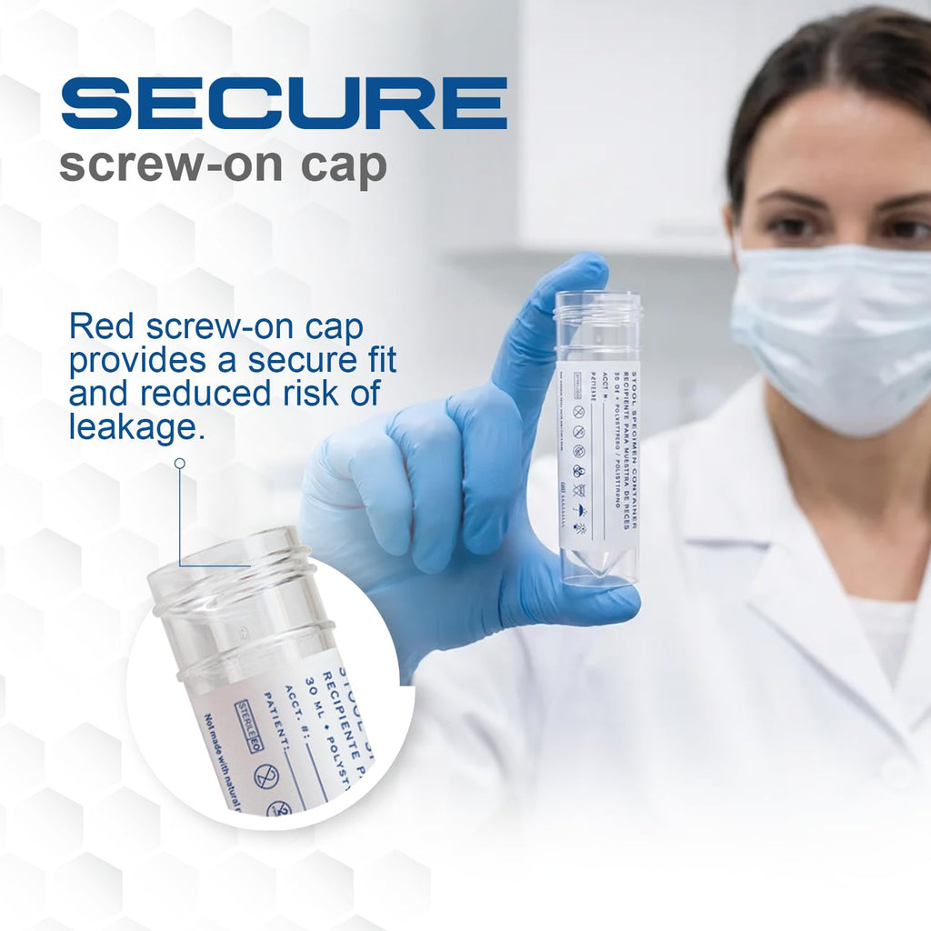 Stool Specimen Containers, Sterile, Individually Wrapped, Specimen Cups with Spoon Cap Lids, Clear with Red Lid, 1