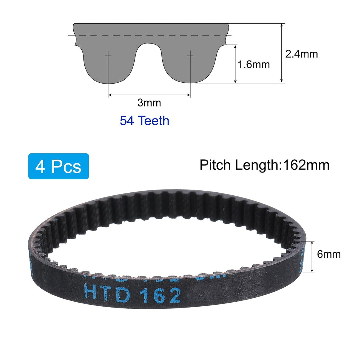 uxcell 4pcs HTD-3M Rubber Timing Belt 54 Teeth, 162mm Pitch Length x 6mm Width x 2.4mm Height, Closed Loop Pulley Timing Belt
