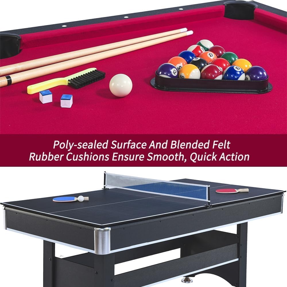 2 in 1 Pool and Table Tennis Multi Game Table, 6-Foot Modern Billiards Table with Conversion Top of Table Tennis