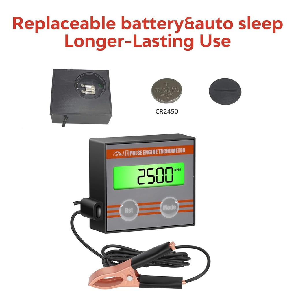 Digital Tachometer with Hour Meter, Inductive RPM Gauge