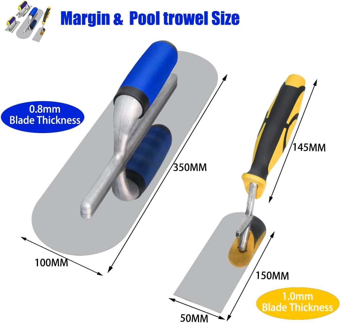 Concrete Tools Set Stainless Steel Pool Trowel and Margin Trowel Plus Concrete Edger and Groover Stucco Cement Kit