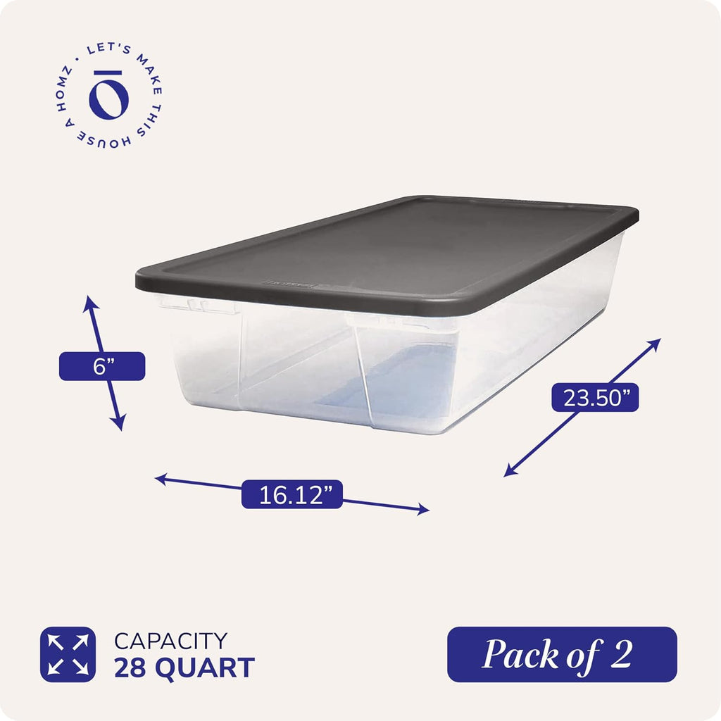 2-Pack Snaplock, Small Clear Plastic Storage Organizer Bins w/ Lids, 28 Quart, Gray - Stackable Container Boxes for