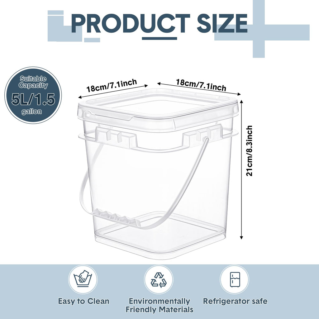 6 Pcs Clear Square Buckets with Lid Handle Food Grade, 1.5 Gallon