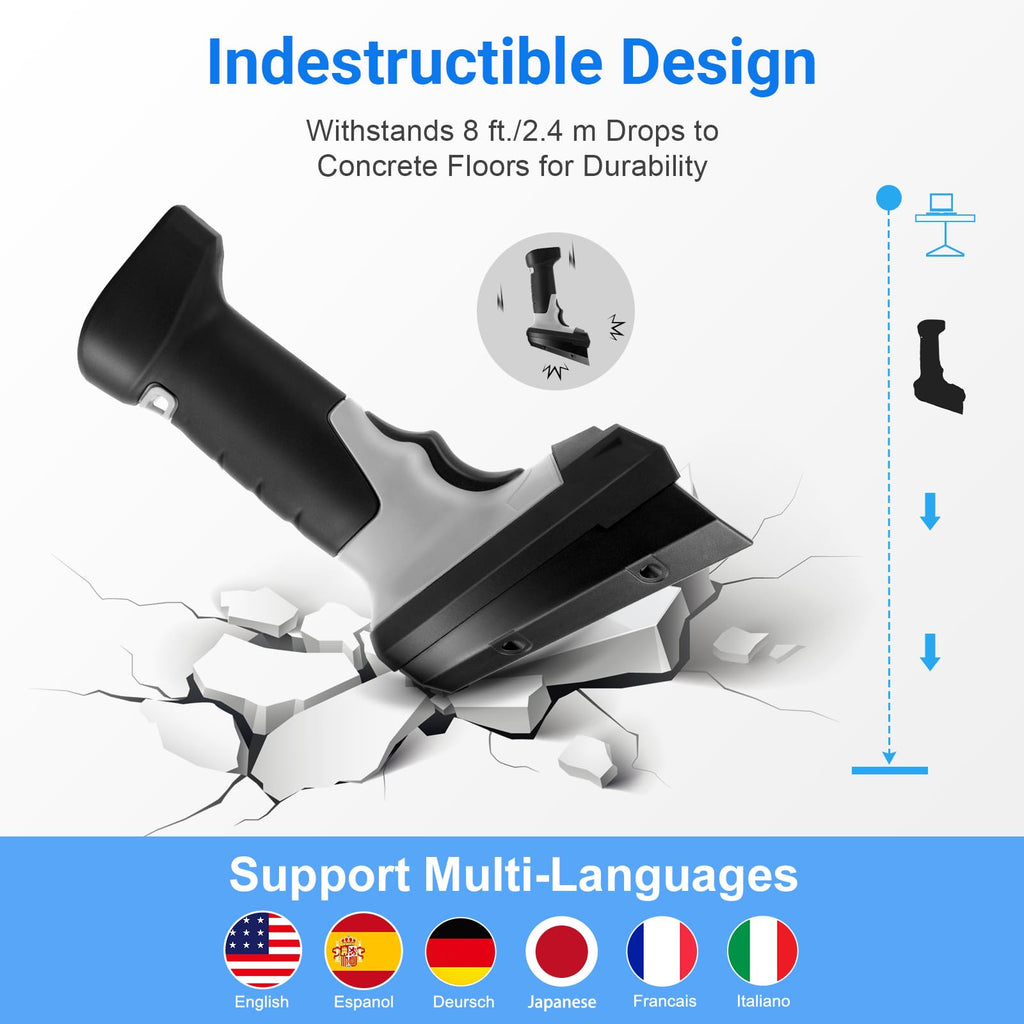 Barcode Scanner Wireless, 1D Laser Bar Code Scanners with Stand 2.4G Wireless & USB Wired Connection Plug and Play 2
