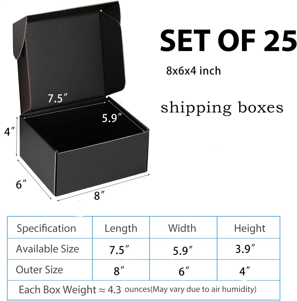 8x6x4 Black Shipping Boxes for Small Business, Packing, 25 Pack
