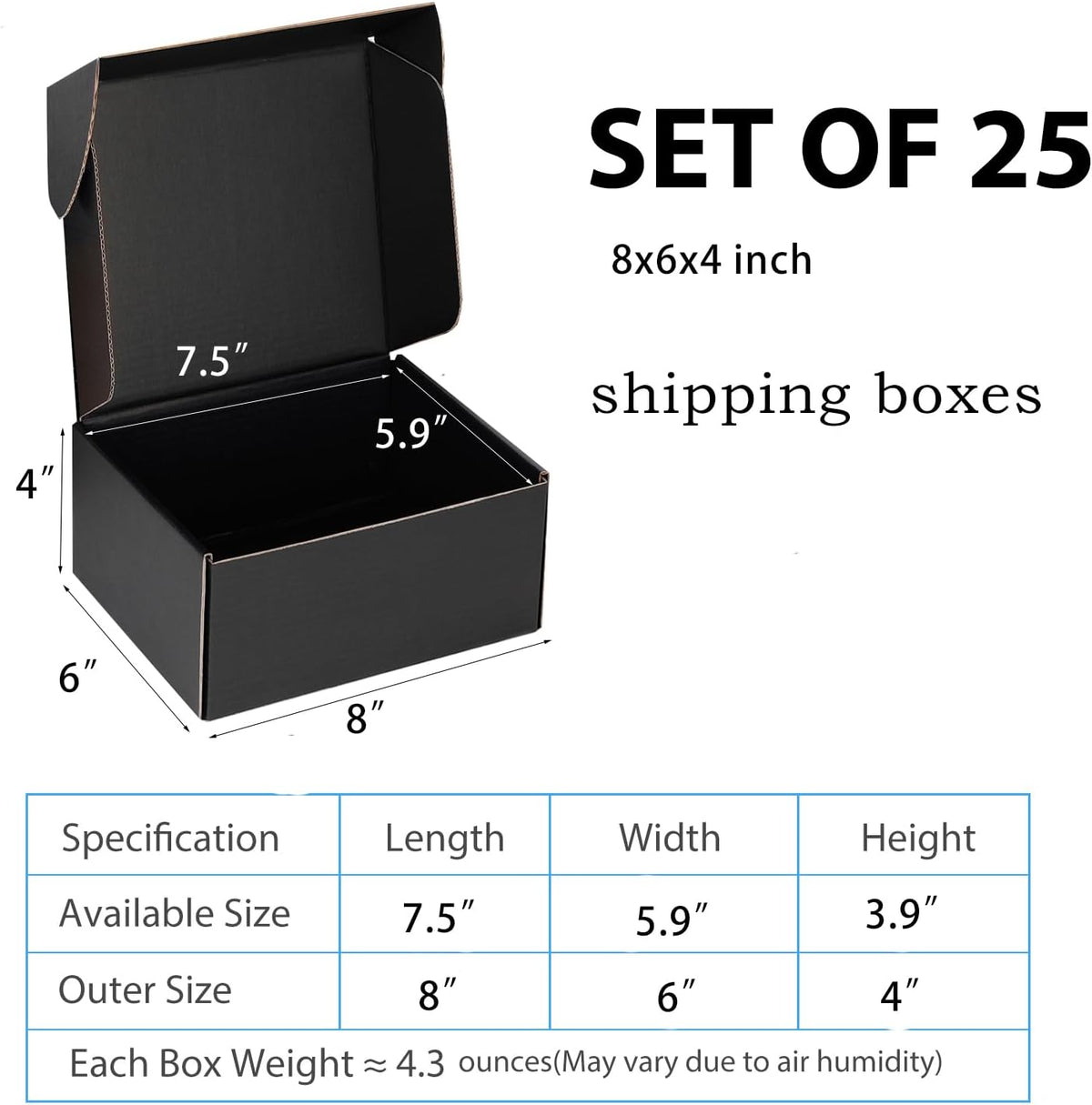 8x6x4 Black Shipping Boxes for Small Business, Packing, 25 Pack