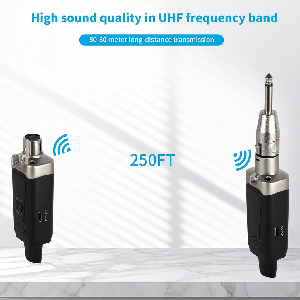 Wireless XLR Microphone Transmitter Receiver, UHF Wireless Mic System with 16 Channels, Guitar Wirless Adapter with
